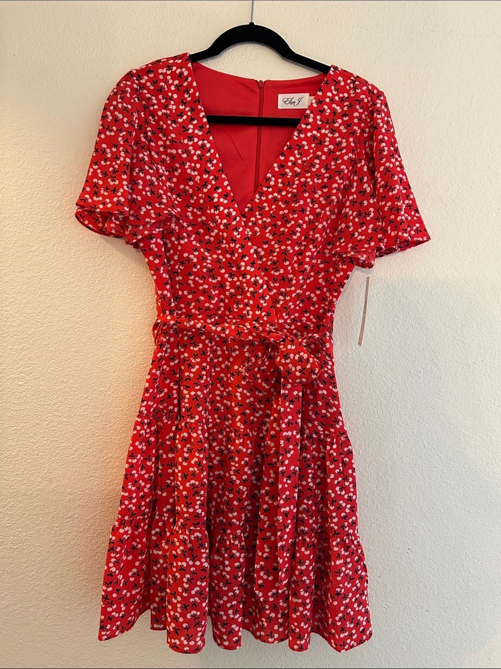 Eliza J Red Floral V-Neck Tie-Waist Mini Dress